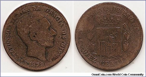10 Centimos
KM#675
Bronze Obv: Alfonso XII head right