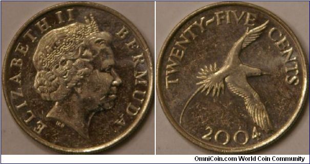 25 cents, with the White-tailed Tropicbird (or Longtail), 24 mm (same size as US quarter)