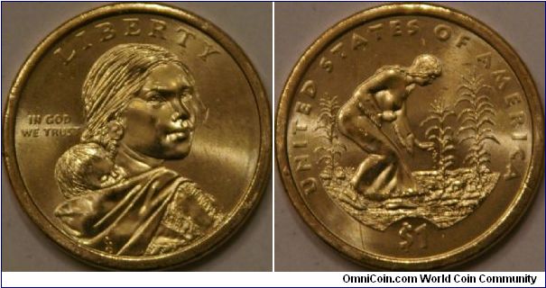 Sacajawea Dollar (now called native American dollar),  they put the date and moto on rim this year and are varying the reverse.  26.5 mm, Mn-Brass