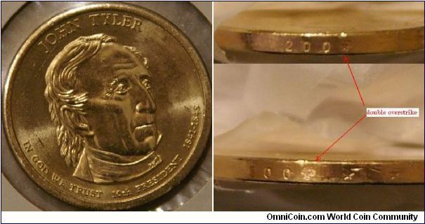 double overstrike on rim of John Tyler dollar coin.  The P and the first star are both over the 9 of the date.  (Two views of it shown in the reverse pane)  Anyone else see one like this?