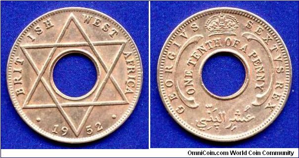 1/10 Penny.
George VI (1937-1952) Rex.
Without mintmark, Royal mint, London.
Mintage 15,060,000 units.


Br.