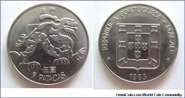 UNC grade 1983 years 5 Dollar big Dargon variety .Macau.It has 29mm diameter,weight 10.7g