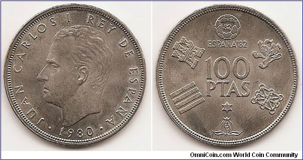 100 Pesetas
KM#820
16.9500 g., Copper-Nickel, 34,4 mm. Ruler: Juan Carlos I Subject: World Cup Soccer Games - Spain '82 Obv: Head left Rev: Value in center of assorted emblems