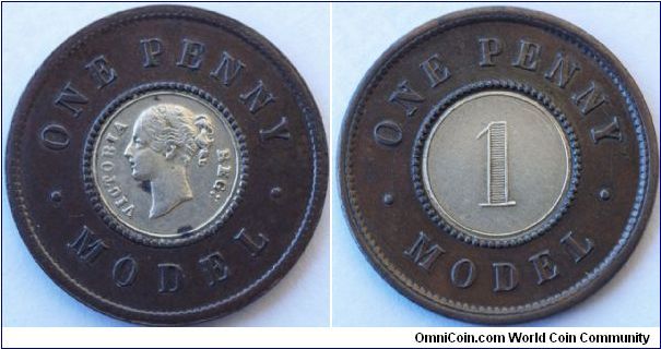 VICTORIA
PATTERN PENNY
21 mm bimetallic. Very advanced for 1844 and a concept that did not catch on for another 140 years!
Produced by Joseph Moore a noted Birmingham medallist(1817-1892) The coin was very popular at the time and the Royal mint had to issue warnings of it not being legal tender.