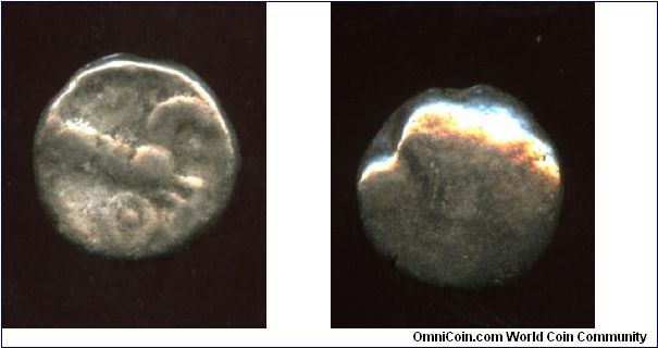 1 BC
Bohemia, Moravia, Western Slovakia, Silesia, Transalpine Gaul & Pannonia
Boii 
AR Fraction 
Horse standing right, torque below, half-moon and pellet above
uniface
Roseldorf type I
found Warsaw poland
0.73g