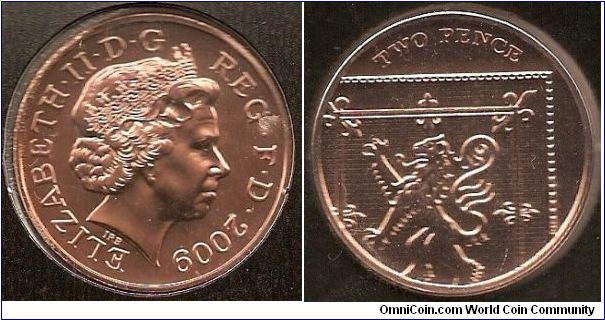 2 pence
obv. Queen Elizabeth II by Ian Rank-Broadley
rev. part of the Royal Arms by Matthew Dent