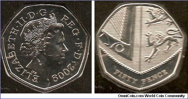 50 pence
obv. Queen Elizabeth II by Ian Rank-Broadley
rev. part of the Royal Arms by Matthew Dent