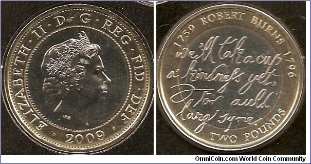 2 pounds
obv. Queen Elizabeth II by Ian Rank-Broadley
rev. 250th anniversary of birth of Robert Burns / text fragment of Auld Lang Syne by The Royal Mint Engraving Team