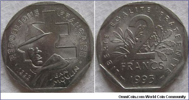 1993 2 franc, jean moulan version, EF lustrous grade