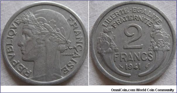 1941 2 francs, very nice detail, no lustre