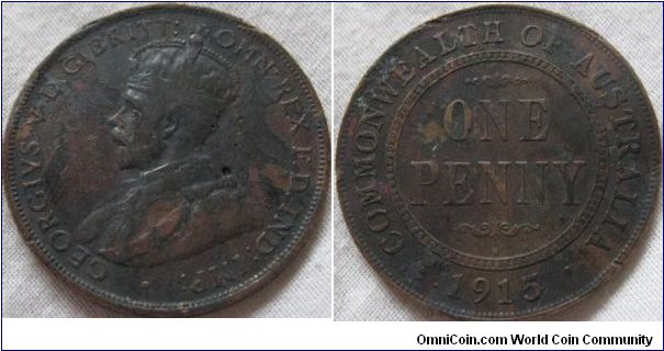 1915 penny, discoloured and worn but in some ways looks nice