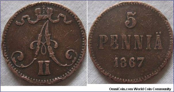 5 pennia, nice colouration, bit bent and knocked but still good solid detail