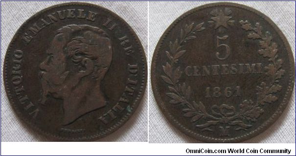1861 5 centesimi, fairly nice, almost fine, still plenty of detail but showing wear on hair