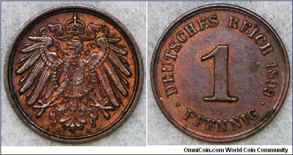 Germany Empire copper 1 Pfennig Berlin mint mark A. Red and brown about uncirculated. Gift from Rod Z. Many thanks.