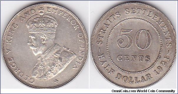 GEORGE V
50 CENTS
STRAITS SETTLEMENTS

8.42g, 0.5 Silver