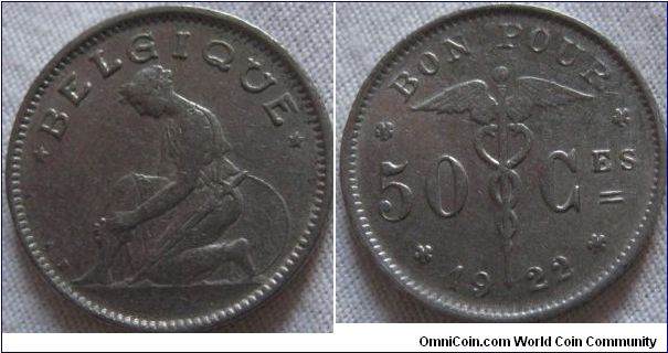 very nice 50 centimes 1922 from belgium, minimal wear