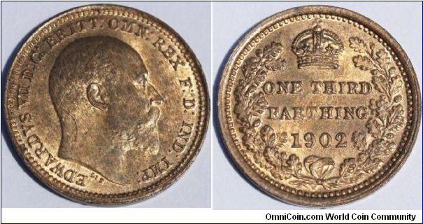 EDWARD VII
THIRD-FARTHING
(1/12th of a Penny)

Uncirculated with intact lusture. 

For in use in Malta.

S 3993