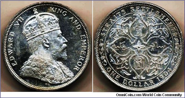 British Straits Settlements Edward VII Dollar 1904B, choice uncirculated with frosty luster. Exceptional example.