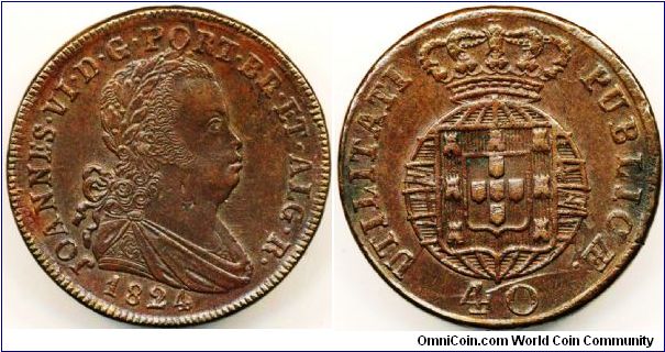 Joao VI bronze 40 Reis (Pataco) 1824. ANACS-AU58. Rare in this condition.