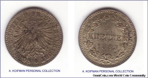 KM-367, 1863 Frankfurt kreuzer; silver, plain edge; small low grade silver coin in nice condition, makes it extra fine to about uncirculated in my opinion, reverse is nicer