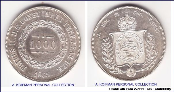 KM-465, 1865 Brazil Empire 1000 reis; silver, reeded edge; this coin is as good as it is looking, does not appear to have any sort of dipping or cleaning, proof like bright fields, minute details are all visible, the only detraction is a couple of tiny rim nicks on obverse