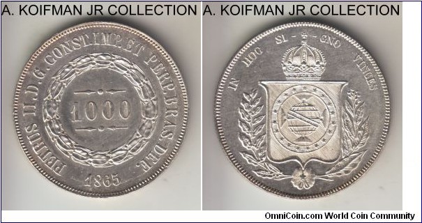 KM-465, 1865 Brazil Empire 1000 reis; silver, reeded edge; this coin is as good as it is looking, does not appear to have any sort of dipping or cleaning, proof like bright fields, minute details are all visible, the only detraction is a couple of tiny rim nicks on obverse