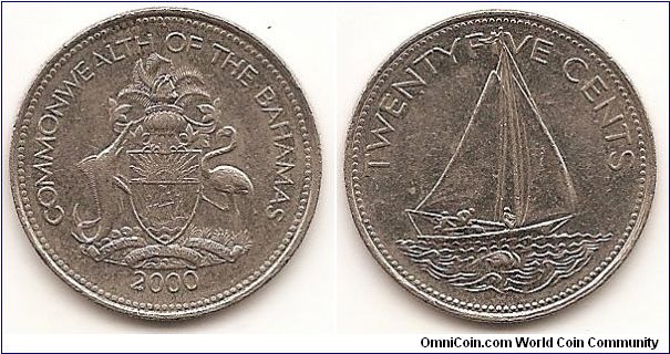 25 Cents
KM#63.2
5.7000 g., Copper-Nickel, 24 mm. Ruler: Elizabeth II Obv: National arms above date, beaded rim Rev: Bahaminian Sloop, value above Edge: Reeded