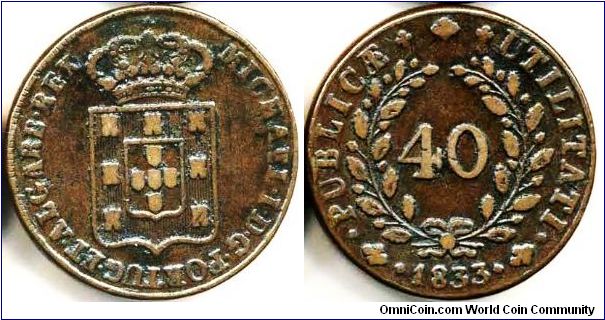 Miguel 40 Reis (Pataco) 1833. Good very fine.