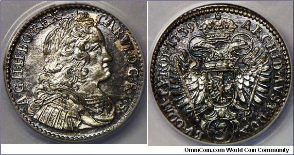 Karl VI silver 3 Kreuzer 1739 Vienna 'A' mintmark. ANACS-AU55. Scarce this nice.