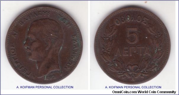 KM-54, 1882 Greece 5 lepta, Paris mint; plain edge, copper; looks to be fine plus