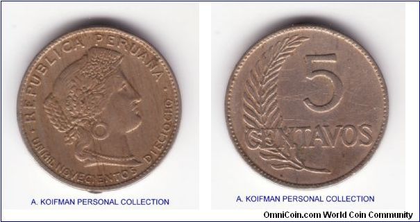 KM-213.1, 1918 Peru 5 centavos; plain edge, copper nickel; looks to me good very fine, date is spelled out at the bottom of obverse UN MIL NOVECIENTOS TREINTINUENTE or 1918.