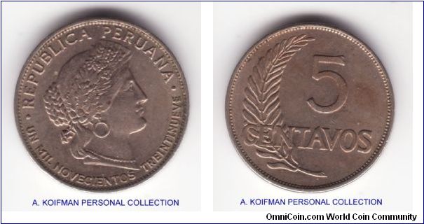 KM-213.2, 1939 Peru 5 centavos; copper-nickel, plain edge; extra fine, date UN MIL NOVECIENTOS TREINTINUEVE