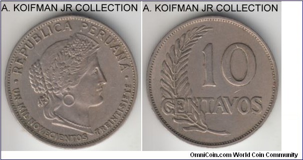 KM-214.2, 1937 Peru 10 centavos; copper nickel, plain edge; unusual verbal date spelling UN MIL NOVECIENTOS TREINTICIENTE, good very fine to extra fine.