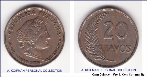 KM-215.2, 1941 Peru 20 centavos; copper nickel, plain edge; very fine or about, date UN MIL NOVECIENTOS CUARENTIUNO