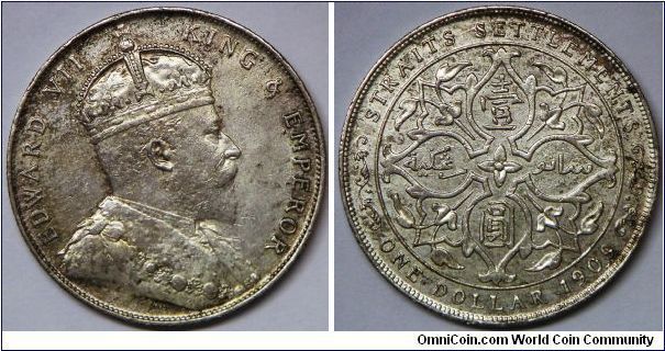 British Straits Settlements Edward VII Dollar, scarcer date 1909, seldom offered and almost all catalog underpriced this date. Extra fine or better. [SOLD]