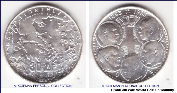 KM-86, ND (1963) Greece 30 drahmai; silver, raised Greek lettered edge; centennial 5 kings commemorative; better than average uncirculated