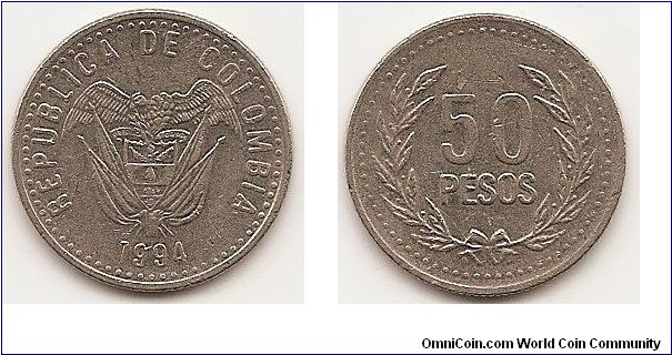 50 Pesos
KM#283.2
4.5000 g., Copper-Nickel-Zinc, 21.8 mm. Obv: Flagged arms, date below Rev: Denomination within wreath, 72 beads circle around rim