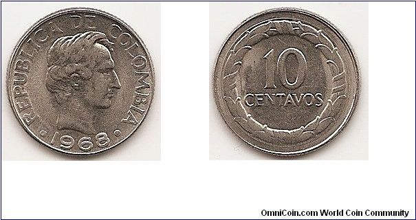 10 Centavos
KM#226
2.5100 g., Nickel Clad Steel, 18.3 mm. Obv: Head of Santander right, date below Rev: Denomination within circular wreath