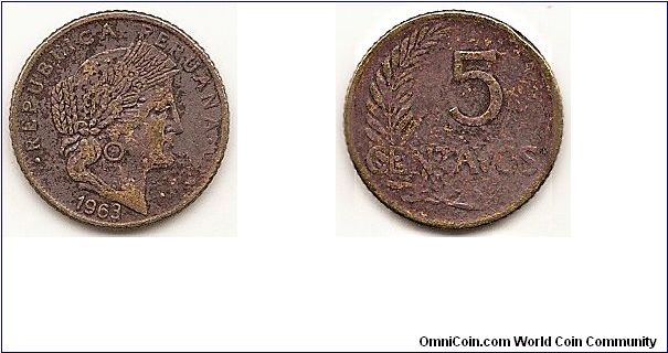5 Centavos
KM#223.2
2.8500 g., Brass, 17 mm. Obv: Head right Rev: Value to right of sprig