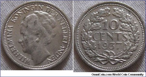 full luste aunc 10 cent from holland, 1937, some sign of rubbing on obverse otherwise gorgeous