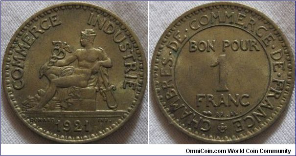 lustrous 1921 1 franc, lovely coin, seen some circulation as lustre has faded, hence EF