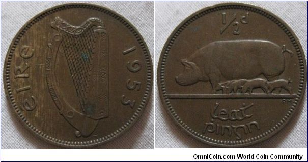 EF grade, metal mix error irish 1/2D, no lustre but has a down brown shine, indicating minimal use, 2,400,000 minted