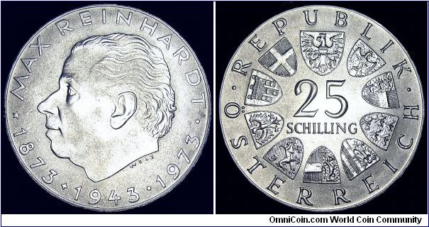 Austria - 25 Schilling Jubilee - 1973 - Weight 13 gr - Silver 0,800 Ag - Ag 0,3340 Troy Ounce - Size 30 mm - Designer Obverse / Edwin Grienauer - Designer Reverse / Ferdinand Welz - Mintage 2 322 800 - Edge : Plain with engraved edge lettering - Reference KM# 2915 - 100 th Anniversary - Birth of Max Reinhardt
