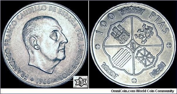 Spain - 100 Pesetas - 1966 (1967) - The actual year of production of this coin is 1967 - Weight 19 gr - Silver Ag 0,800 - Ag 0,489 Troy Ounce - Size 34 mm - Ruler / Francisco Franco - Mintage (1967) 15 000 000 - Minted in Madrid / Spain - Edge Lettering : UNA GRANDE LIBRE - Reference KM# 797 (1966-70)