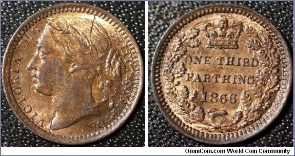 VICTORIA
ONE THIRD-FARTHING
(1/12th of a Penny)

Minted for use in Malta.

Die cracks on obverse and reverse.

S3960
