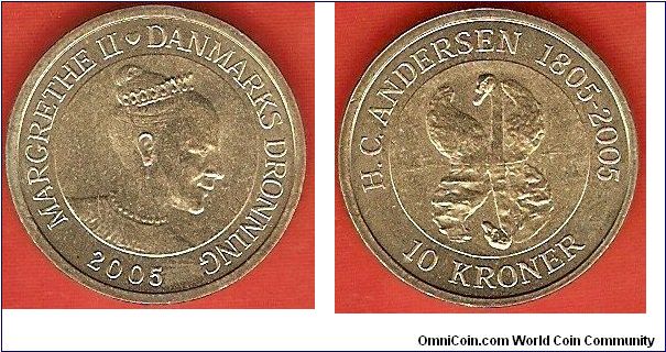 10 kroner
Margrethe II
Hans Christian Andersen : Ugly duckling
aluminum-bronze