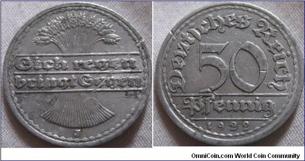 1922 J 50 pfennig, lustrous buit scratched due to the fact it is aluminium