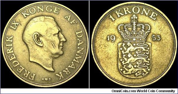 Denmark - 1 Krone - 1953 - Weight 6,5 gr - Alu-Bronze - Size 25,5 mm - Regent / Fredrik IX - Mintage 573 000 - Engraver / Harald Salomon - Minted in Copenhagen / Denmark - Edge : Plain - Reference KM# 837.1