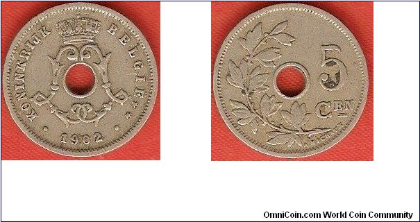 5 centimes
crowned double L-monogram for king Leopold II
small date type
Dutch legends
Designer: A. Michaux
copper-nickel