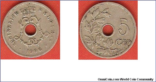 5 centimes
crowned double L-monogram for king Leopold II
large date type
Dutch legends
Designer: A. Michaux
copper-nickel